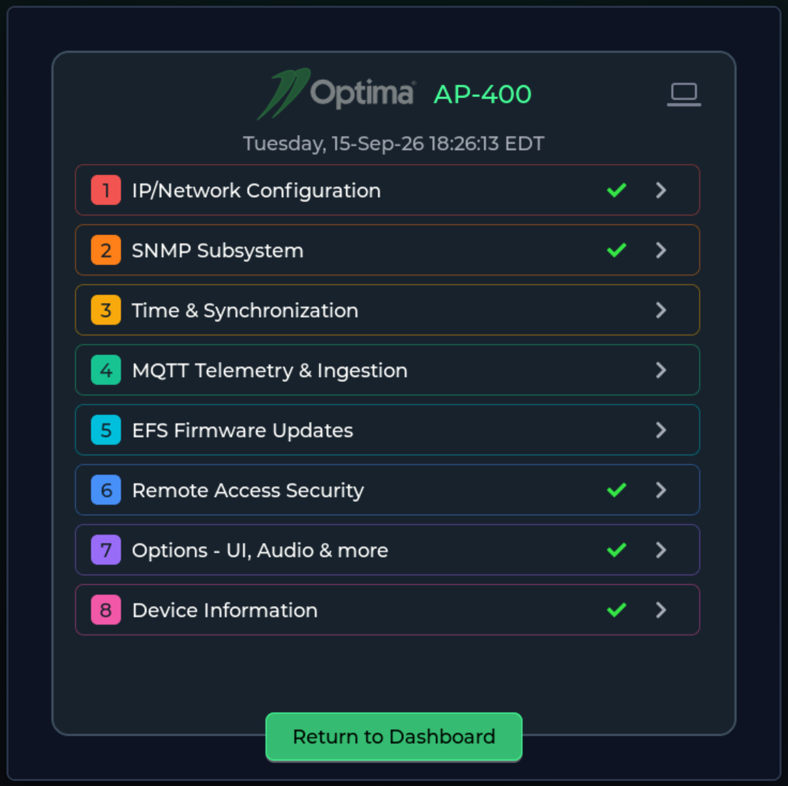 Optima AP-400 Main Configuration Menu - Accordion-Style Selector Boxes