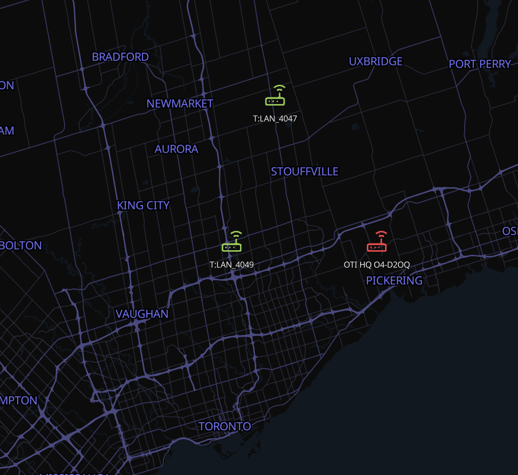 Detailed map view showing individual green and red device icons
